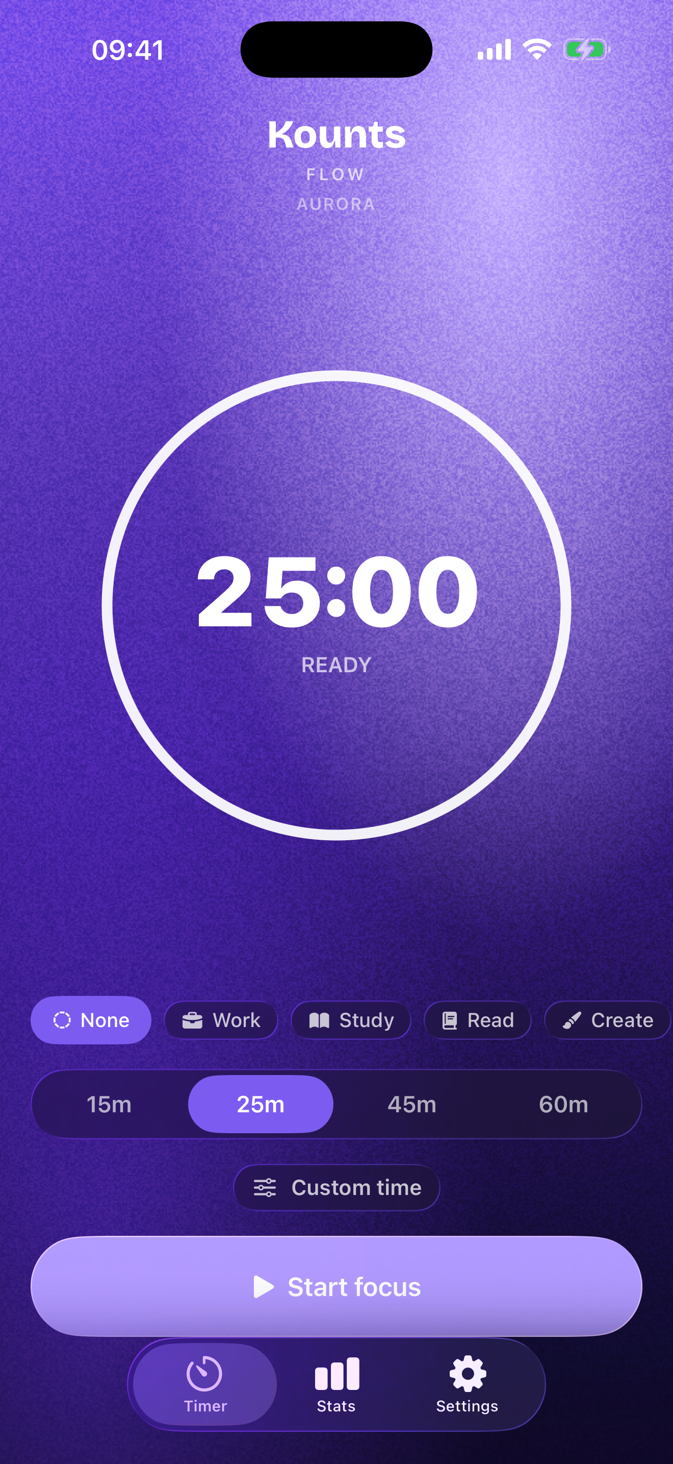 Kounts Flow timer screen showing Aurora theme with focus categories and duration presets