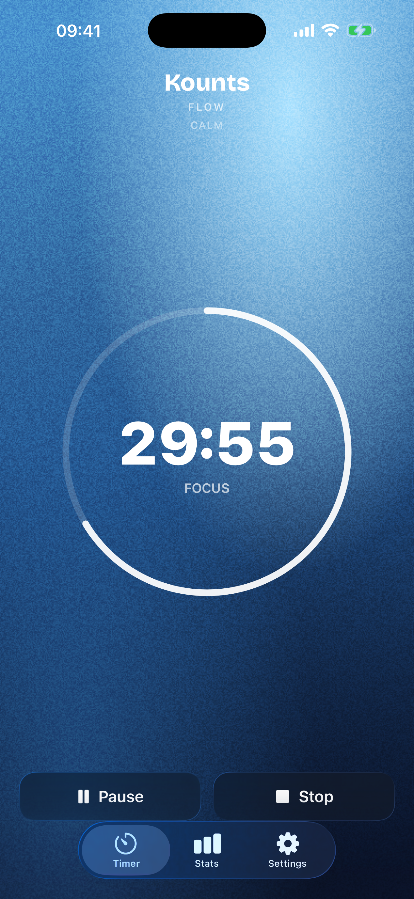 Kounts Flow running timer with draining ring in Calm theme