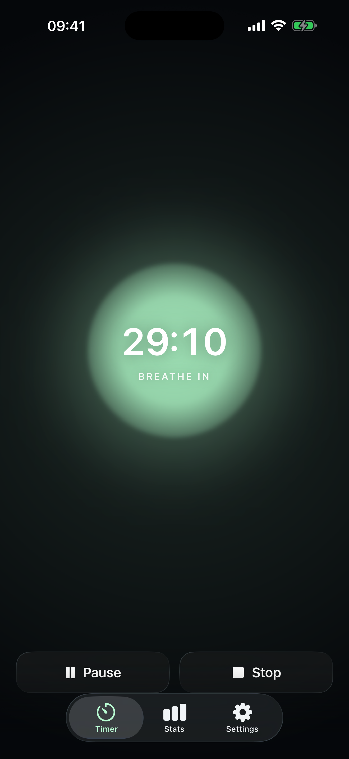 Kounts Flow Breathe timer style showing a glowing orb with breathing cues