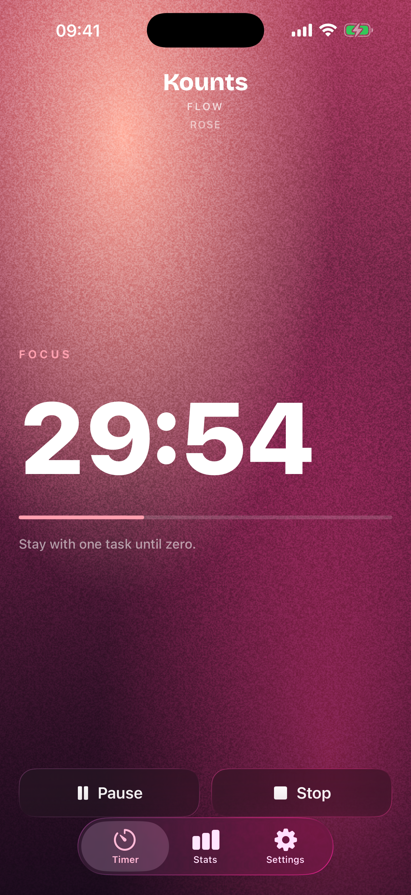 Kounts Flow Headline timer style showing large numerals in Rose theme